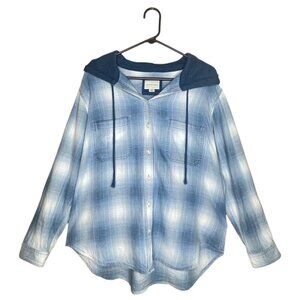 AMERICAN EAGLE Long Sleeve Button-Up Plaid Flannel Hooded Shirt - Size Large